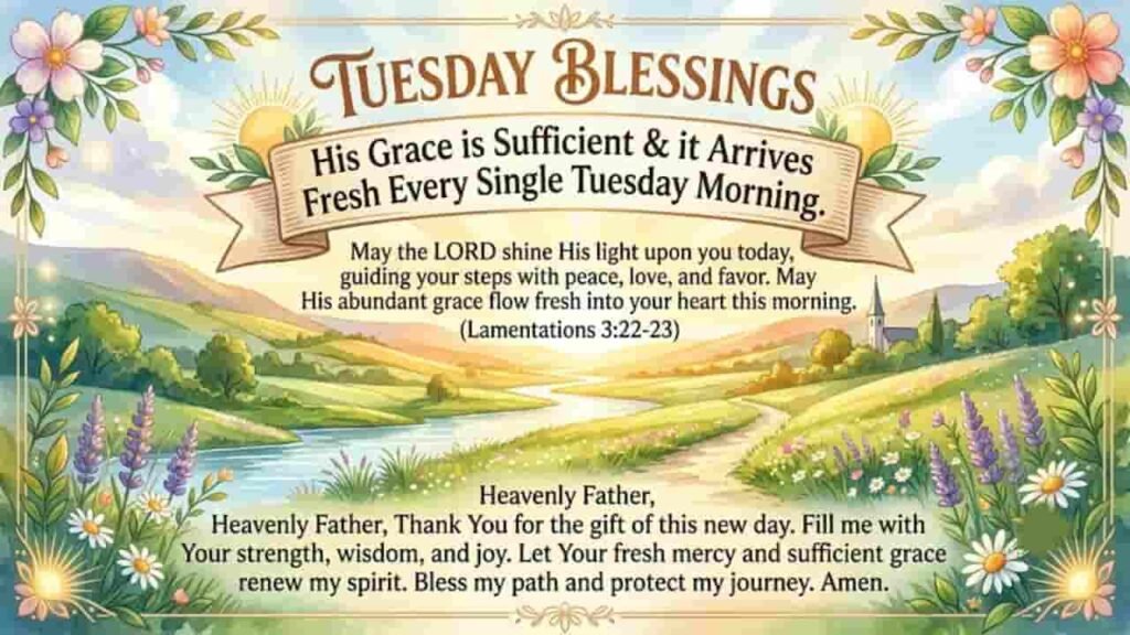 A decorative illustration featuring Tuesday blessings with text reading "His Grace is Sufficient & it Arrives Fresh Every Single Tuesday Morning" set against a peaceful morning landscape with a sunlit river, green hills, and floral borders.