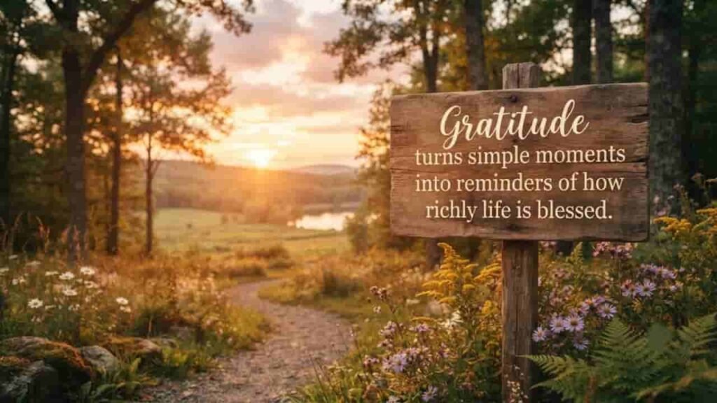 A peaceful autumn landscape at sunset with a wooden sign bearing the quote 'Gratitude turns simple moments into reminders of how richly life is blessed' surrounded by wildflowers.