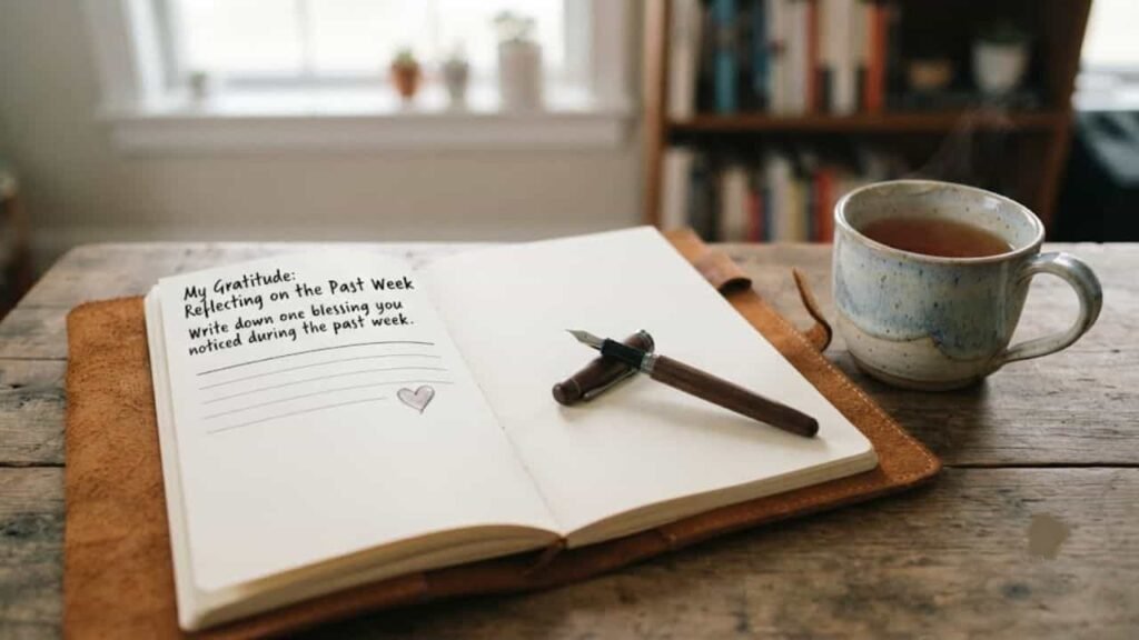 An open leather-bound journal on a wooden table with handwritten text prompting reflection, accompanied by a fountain pen and a steaming ceramic mug of tea.