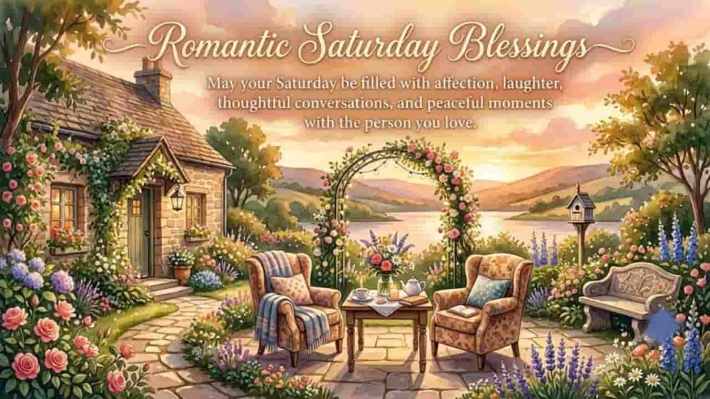 Romantic Saturday Blessings image featuring a cozy cottage garden with two armchairs, tea table, blooming flowers, a serene lake sunset, and a heartfelt romantic message.