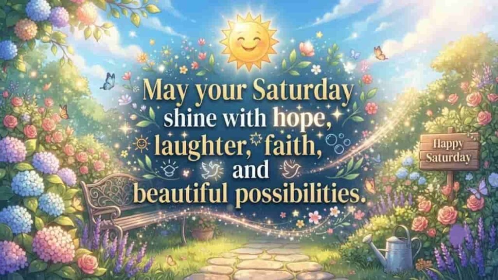 A vibrant 16:9 Saturday greeting image featuring a smiling sun, blooming colorful flowers, a garden path, a wooden bench, a watering can, and a sign that reads 'Happy Saturday', overlaid with the text: 'May your Saturday shine with hope, laughter, faith, and beautiful possibilities.