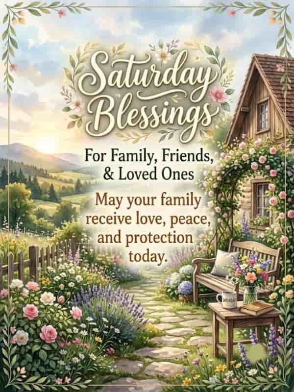 Saturday Blessings card featuring a cozy cottage garden with beautiful flowers and a peaceful morning message for family, friends, and loved ones.