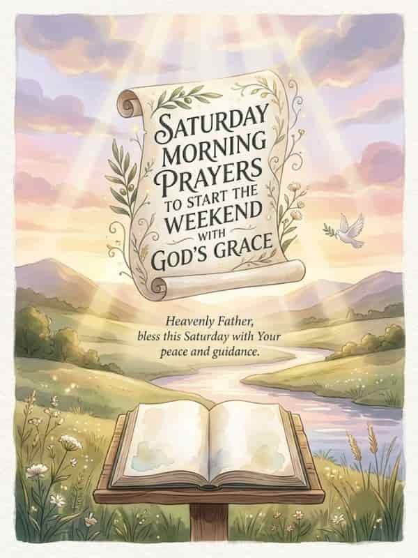 Watercolor illustration of an open Bible in a peaceful morning landscape with a prayer scroll reading "Saturday Morning Prayers to Start the Weekend with God's Grace".