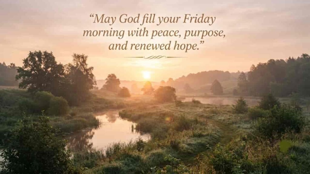A peaceful sunrise over a calm river winding through a lush green landscape, accompanied by the blessing: May God fill your Friday morning with peace, purpose, and renewed hope.