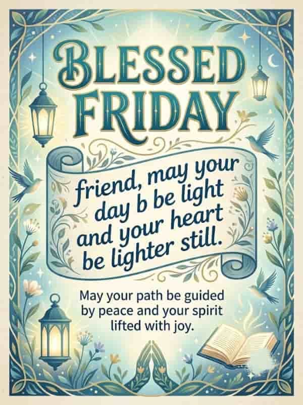 An illustrated graphic framed with decorative gold and blue floral borders, featuring glowing hanging lanterns, flying birds, and an open book. At the top, bold blue typography reads "BLESSED FRIDAY". Inside a central scroll, text reads "friend, may your day be light and your heart be lighter still." Below the scroll, additional text states, "May your path be guided by peace and your spirit lifted with joy."