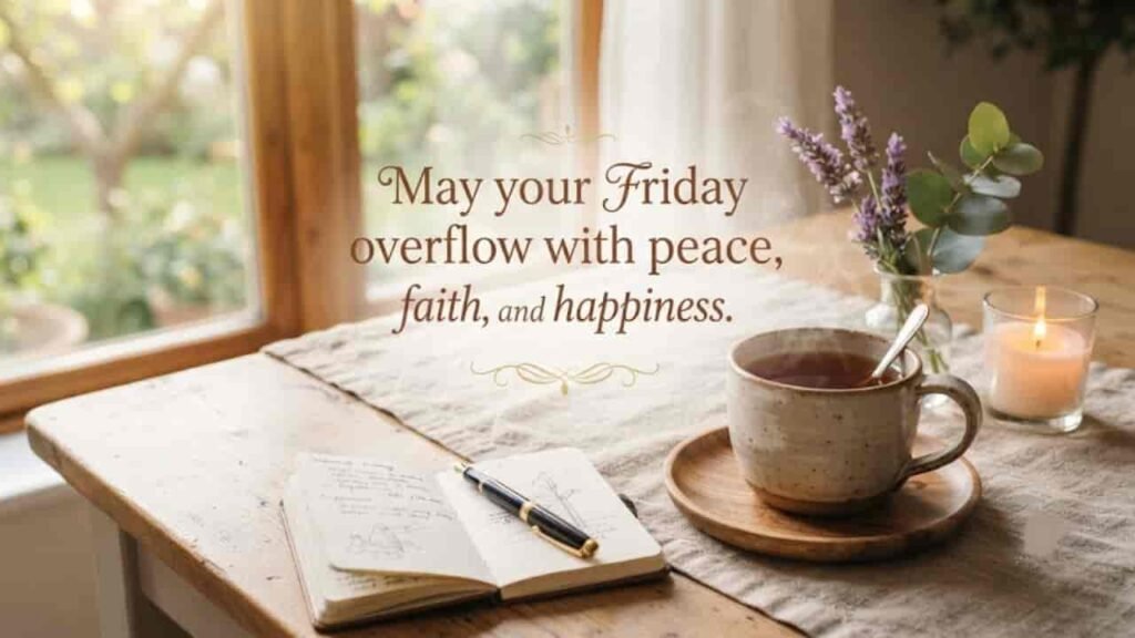 A cozy wooden table by a sunny window with a steaming cup of tea, an open notebook, a small vase of lavender, and a lit candle, featuring the text: 'May your Friday overflow with peace, faith, and happiness.