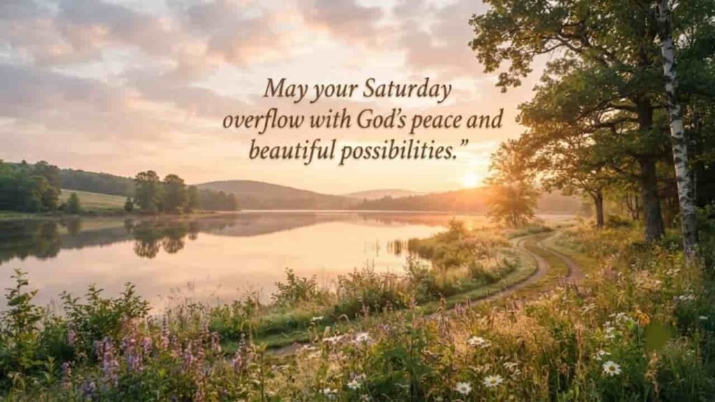 A peaceful sunrise over a calm lake surrounded by lush green trees, wildflowers, and a gentle path, featuring the text: 'May your Saturday overflow with God’s peace and beautiful possibilities.