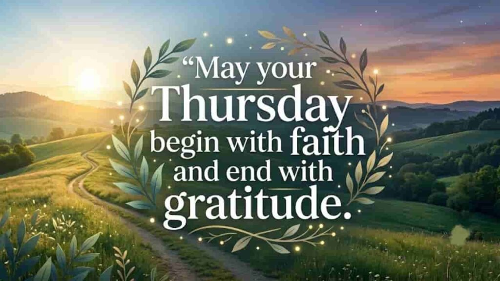A serene landscape depicting a split day-and-night background with a winding path through green hills. In the center, elegant typography framed by a botanical wreath reads: 'May your Thursday begin with faith and end with gratitude.