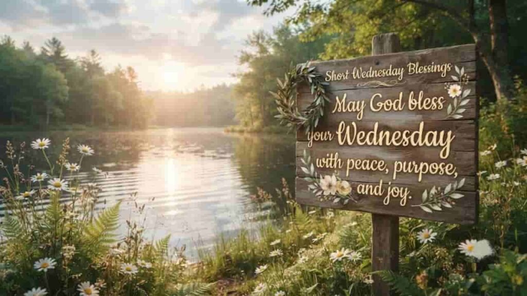A 16:9 landscape image of a peaceful lakeside at sunrise with a rustic wooden sign on the right. The sign is decorated with delicate floral accents, green leaves, and the inscribed blessing: "Short Wednesday Blessings: May God bless your Wednesday with peace, purpose, and joy". White wildflowers and green ferns grow along the lakeshore in the foreground under a soft morning sky.