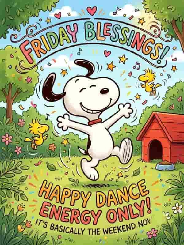 Snoopy and Woodstock doing a happy dance in a grassy yard by the red doghouse, surrounded by music notes and confetti, with colorful text reading "Friday Blessings! Happy Dance Energy Only! It's Basically The Weekend Now!"