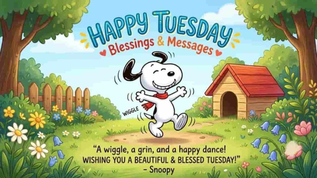 An animated white dog doing a happy dance with a grin in a sunny garden near a red-roofed doghouse, framed by colorful flowers and the text "Happy Tuesday Blessings & Messages."