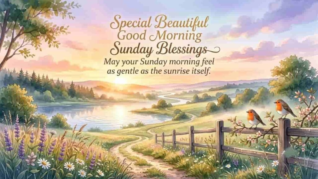 Soft watercolor painting of a serene countryside landscape at dawn, featuring a winding dirt path, a calm river, blooming wildflowers, and two small birds perched on a wooden fence. The glowing morning sun rises over rolling hills with golden light, and graceful calligraphy overhead reads: "Special Beautiful Good Morning Sunday Blessings - May your Sunday morning feel as gentle as the sunrise itself."