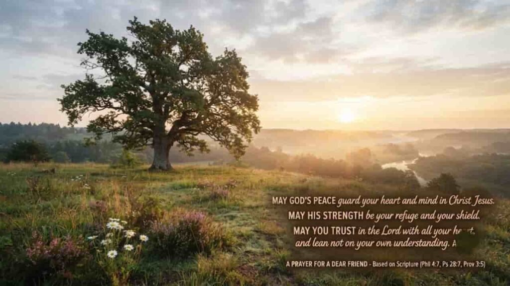 A 16:9 scenic landscape at sunrise featuring a large tree on a grassy hill, wildflowers in the foreground, and spiritual scripture text overlaid on the lower right.