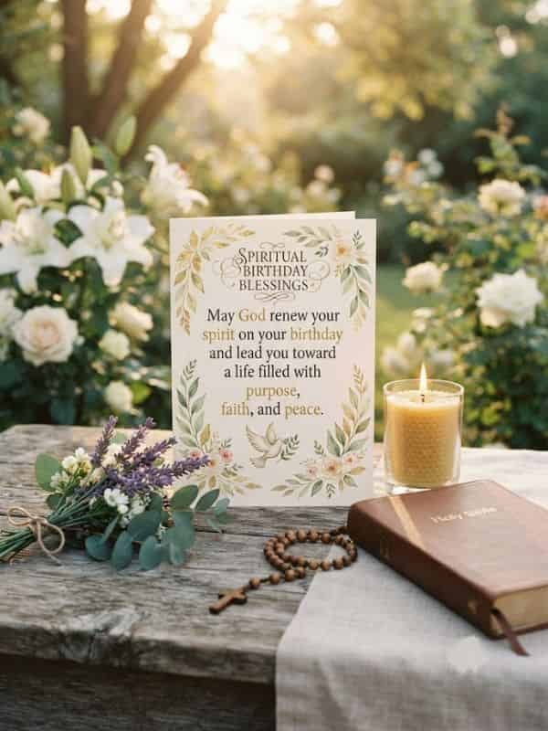 Spiritual birthday greeting card on a rustic wooden table featuring delicate floral borders, a lit candle, lavender sprigs, and a holy book, set against an outdoor garden background bathed in warm sunlight.