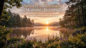 A serene 16:9 sunrise scene over a calm forest lake surrounded by wildflowers, pine trees, and soft morning mist, featuring the text "Spiritual Thursday Morning Blessings" with an uplifting message of peace, joy, light, and grace "Spiritual Thursday Morning Blessings".