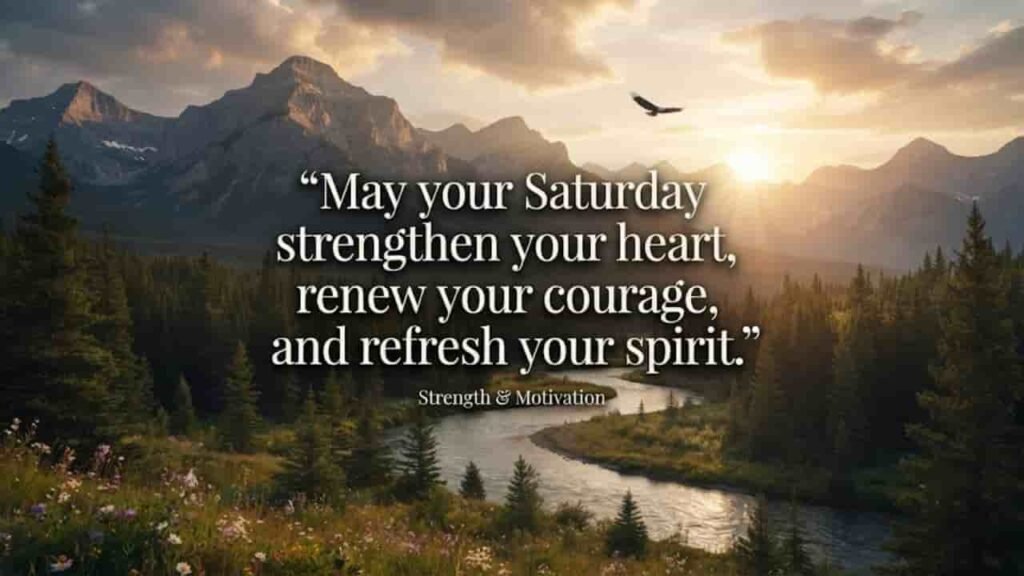 A serene 16:9 landscape featuring majestic mountains, a winding river, and a soaring eagle under a golden sunrise, overlaid with the motivational quote: 'May your Saturday strengthen your heart, renew your courage, and refresh your spirit.