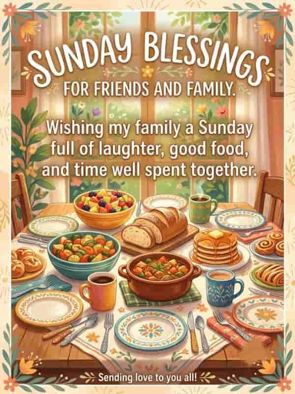 An illustration of a wooden dining table filled with a delicious meal, featuring the text "Sunday Blessings for Friends and Family" and "Wishing my family a Sunday full of laughter, good food, and time well spent together."