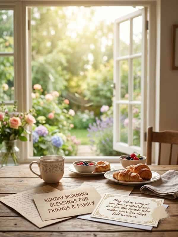 A warm Sunday breakfast table set near an open window overlooking a sunlit garden, featuring coffee, pastries, and cards with blessings for friends and family.