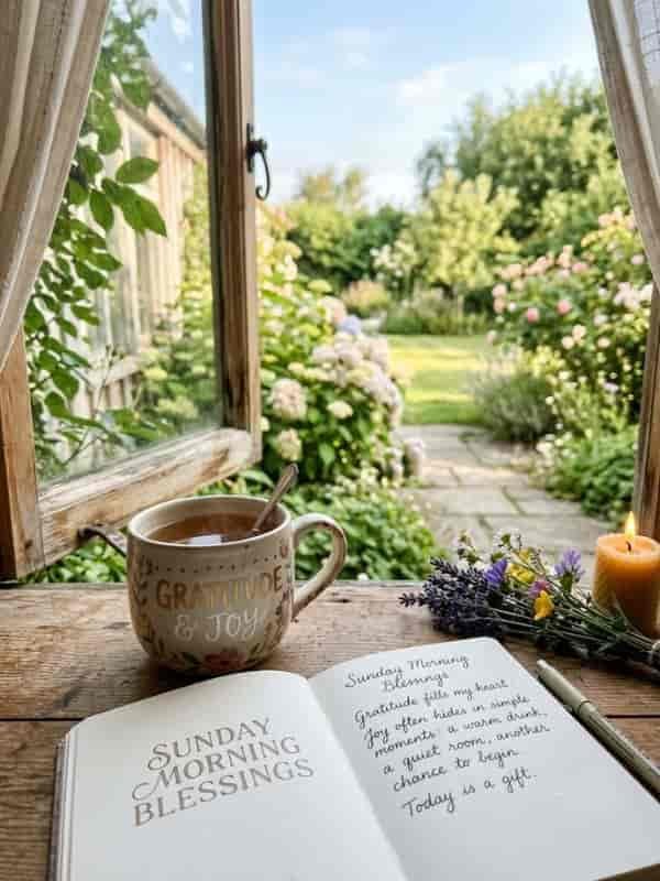 A scenic open cottage window view of a summer garden with wildflowers and foliage. On the rustic wooden sill sits a patterned mug labeled "Gratitude & Joy," next to an open journal page with handwritten thoughts, a lit candle, and a lavender bouquet.