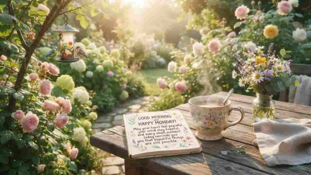 A peaceful sunny garden scene featuring a rustic wooden table with a cup of coffee, a small bouquet of wildflowers, a hanging bird feeder, and an open notebook displaying the text "Good morning and happy Monday! May your heart feel peaceful, your mind stay hopeful, and every small moment today reminds you that beautiful things are still possible."