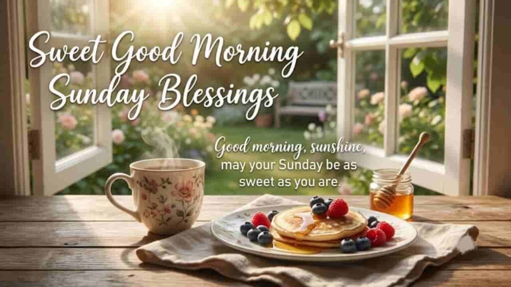 A cup of steaming coffee and a plate of berry-topped pancakes sitting by an open window overlooking a sunlit garden, with text reading "Sweet Good Morning Sunday Blessings" and "Good morning, sunshine, may your Sunday be as sweet as you are."