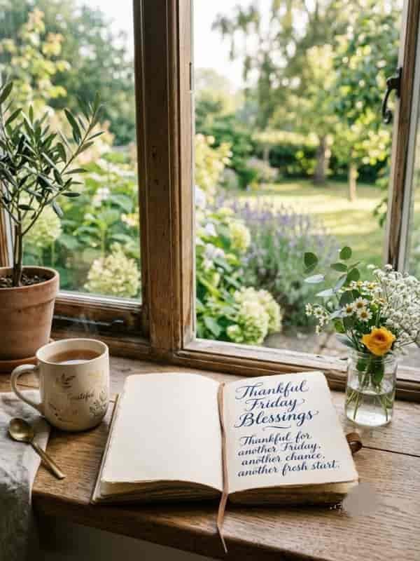 An open journal on a wooden windowsill displaying the text "Thankful Friday Blessings. Thankful for another Friday, another chance, another fresh start." next to a steaming mug and fresh flowers, overlooking a lush garden.