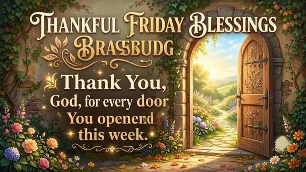 Thankful Friday Blessings image featuring an open ornate wooden door surrounded by lush green ivy and flowers, revealing a sunlit cobblestone path with the text 'Thank You, God, for every door You opened this week'.