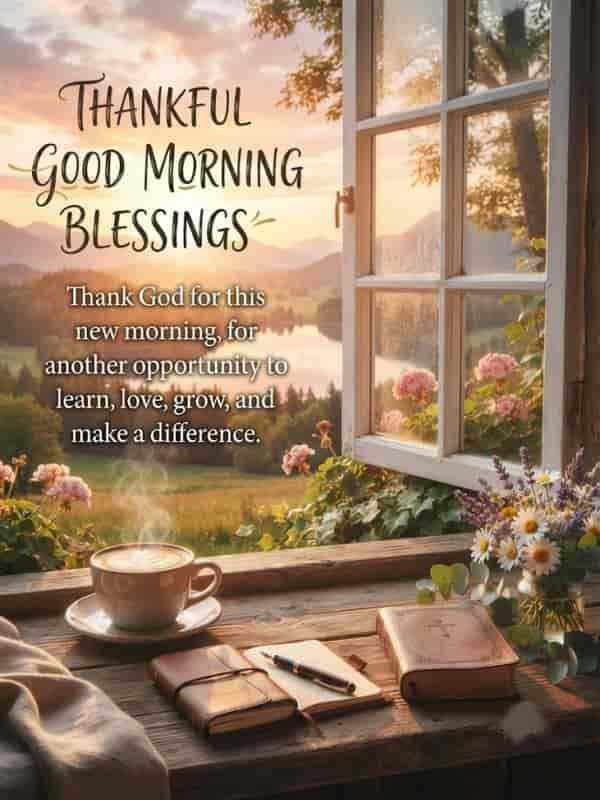 A cozy wooden windowsill overlooking a serene morning landscape with mountains and a lake at sunrise. A steaming cup of coffee, an open journal, a pen, and a vase of wildflowers sit on the ledge next to an open window, with the text overlay "Thankful Good Morning Blessings: Thank God for this new morning, for another opportunity to learn, love, grow, and make a difference."