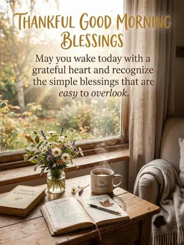 A serene morning scene featuring a mug of hot coffee, an open journal, and fresh wildflowers on a wooden table near a window, with the quote 'Thankful Good Morning Blessings - May you wake today with a grateful heart and recognize the simple blessings that are easy to overlook.