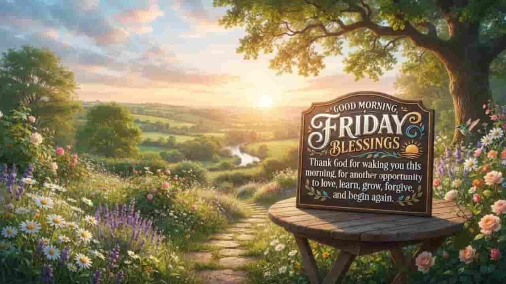 A peaceful 16:9 sunrise landscape with a wooden sign on a garden table reading 'Good Morning, Friday Blessings - Thank God for waking you this morning, for another opportunity to love, learn, grow, forgive, and begin again,' surrounded by vibrant flowers and rolling green hills.