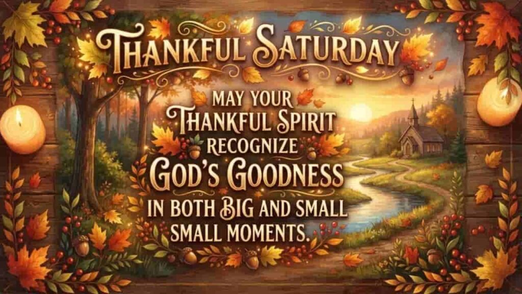 A vibrant 16:9 Thankful Saturday blessing graphic featuring warm autumn leaves, glowing candles, acorns, and a scenic landscape with a winding river and countryside chapel. The text reads: 'Thankful Saturday: May your thankful spirit recognize God's goodness in both big and small moments.