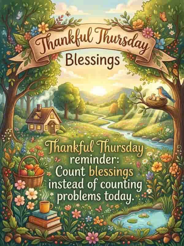 A colorful illustration featuring a sunny morning landscape with flowers, a stream, and a cozy cottage, with the text: "Thankful Thursday Blessings. Thankful Thursday reminder: Count blessings instead of counting problems today."