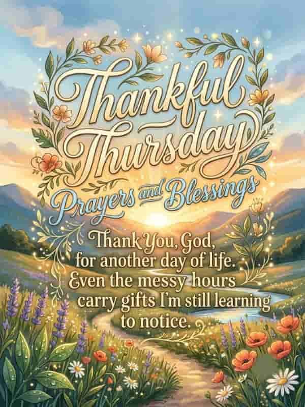 An inspirational Thankful Thursday image featuring elegant typography that reads, "Thankful Thursday Prayers and Blessings," set above a prayer: "Thank You, God, for another day of life. Even the messy hours carry gifts I'm still learning to notice." The text is framed by delicate floral vines with glowing light accents, overlooking a serene landscape with a winding path through a wildflower field towards a distant sunrise.