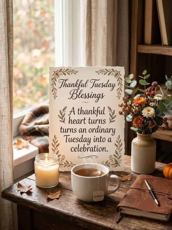A cozy autumn scene featuring a lit candle, a cup of tea, a journal, and a framed card with the message "Thankful Tuesday Blessings: A thankful heart turns an ordinary Tuesday into a celebration."