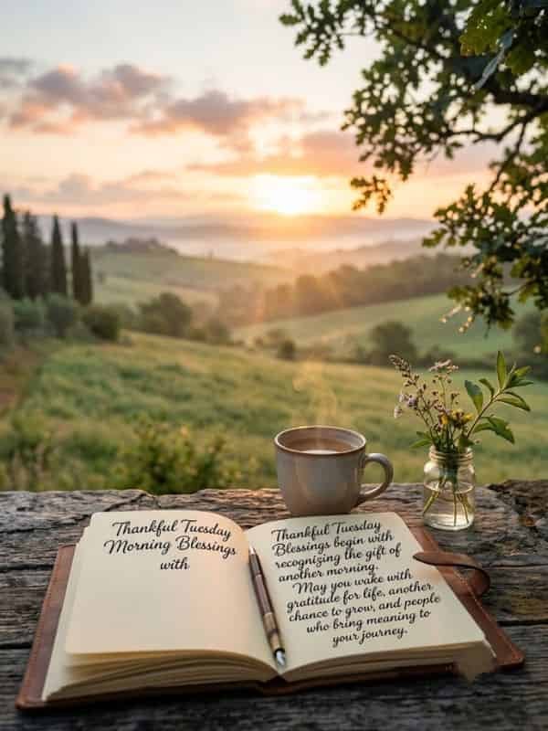 Open journal on a wooden table with 'Thankful Tuesday Morning Blessings' text, next to steaming coffee and wild flowers with a serene countryside sunrise background.