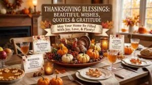 A warm rustic Thanksgiving table setting featuring a centerpiece of pumpkins, pinecones, and fall leaves, surrounded by cards with heartwarming Thanksgiving quotes and blessings "thanksgiving blessings images".