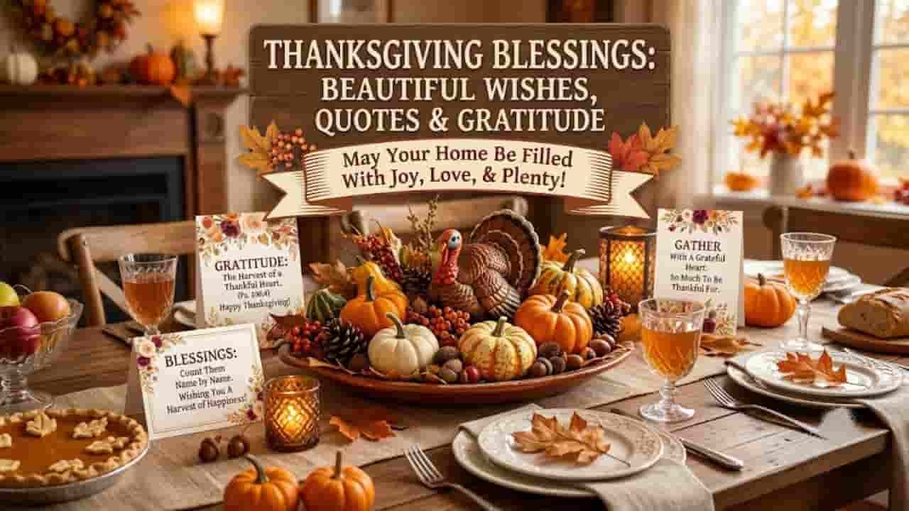 A warm rustic Thanksgiving table setting featuring a centerpiece of pumpkins, pinecones, and fall leaves, surrounded by cards with heartwarming Thanksgiving quotes and blessings "thanksgiving blessings images".
