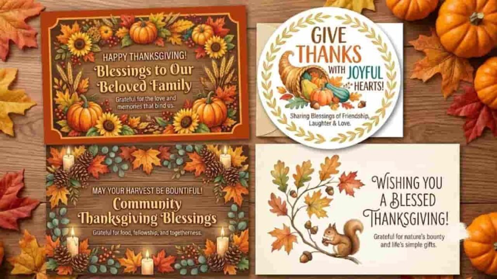 Four Thanksgiving greeting cards arranged on a wooden background with autumn leaves and pumpkins. The top-left card features a frame of pumpkins, sunflowers, and fall leaves with the text "Blessings to Our Beloved Family". The top-right card is circular with a cornucopia and text reading "Give Thanks with Joyful Hearts!". The bottom-left card displays glowing candles, pinecones, and autumn foliage with "Community Thanksgiving Blessings". The bottom-right card shows a cute squirrel on an oak branch with the text "Wishing You a Blessed Thanksgiving!"