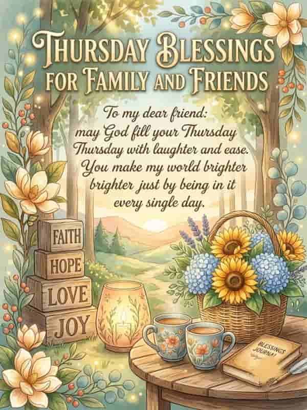 An illustration featuring a serene nature backdrop framed with floral garlands, wooden blocks stacked with the words "FAITH," "HOPE," "LOVE," and "JOY," a glowing candle, two coffee mugs, a basket of sunflowers, and a journal, centered around the text "Thursday Blessings for Family and Friends" and a heartwarming blessing message.