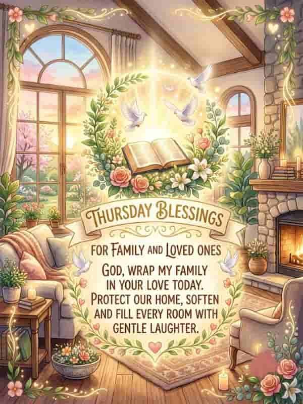 Warm digital illustration featuring a cozy home living room setting with glowing lights, soft floral garlands, white doves, and an open Bible surrounded by a floral wreath. A central decorative banner reads "Thursday Blessings for Family and Loved Ones" followed by a heartfelt prayer for home protection, love, and laughter.