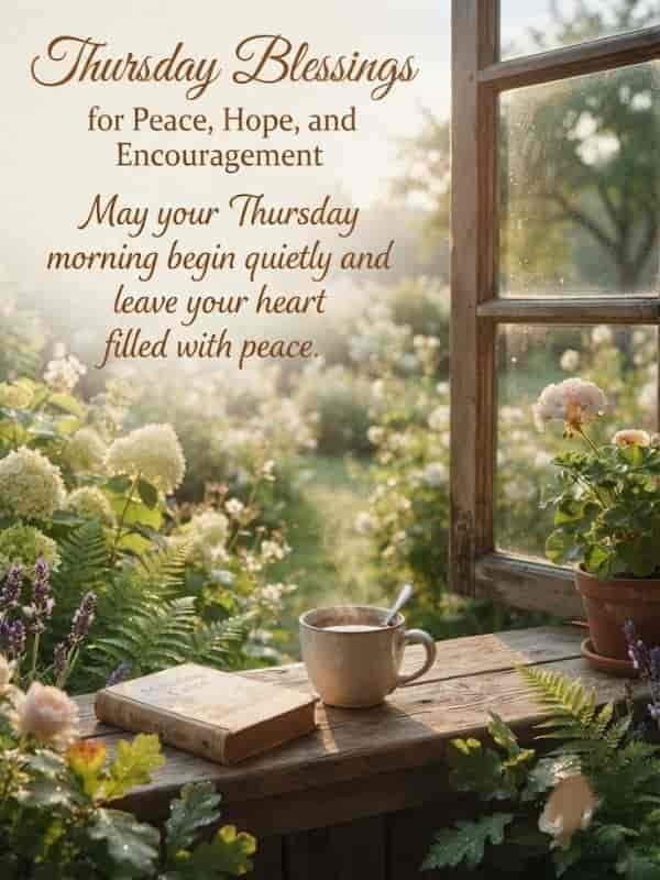 Thursday Blessings for Peace, Hope, and Encouragement ke text ke sath ek aisi tasveer hai jisme khula hua wooden window, steam leti hui coffee ki cup, ek purani kitab, aur background me hara-bhara garden dikhayi de raha hai.