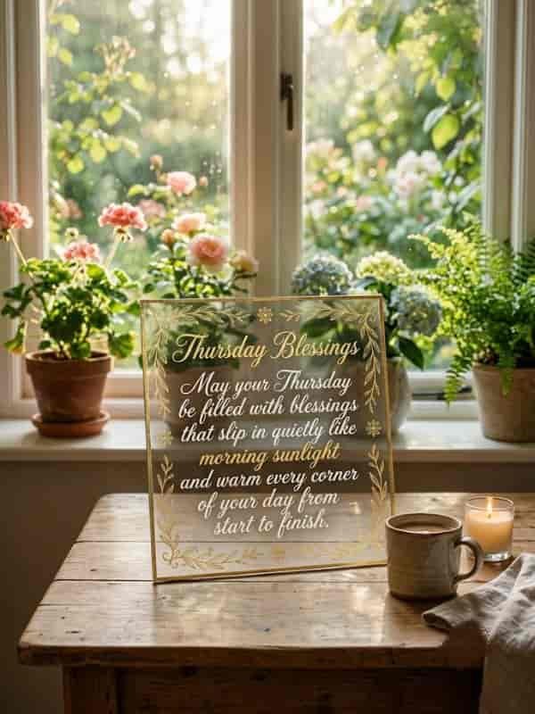 A transparent acrylic plaque featuring elegant gold calligraphy set on a wooden table near a sunlit window with potted flowers.