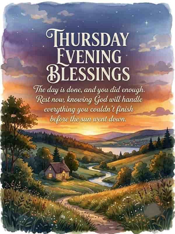 A watercolor illustration of a serene countryside sunset featuring a warm glowing cottage, a winding river, and a twilight sky with the inspirational text: "Thursday Evening Blessings: The day is done, and you did enough. Rest now, knowing God will handle everything you couldn't finish before the sun went down."