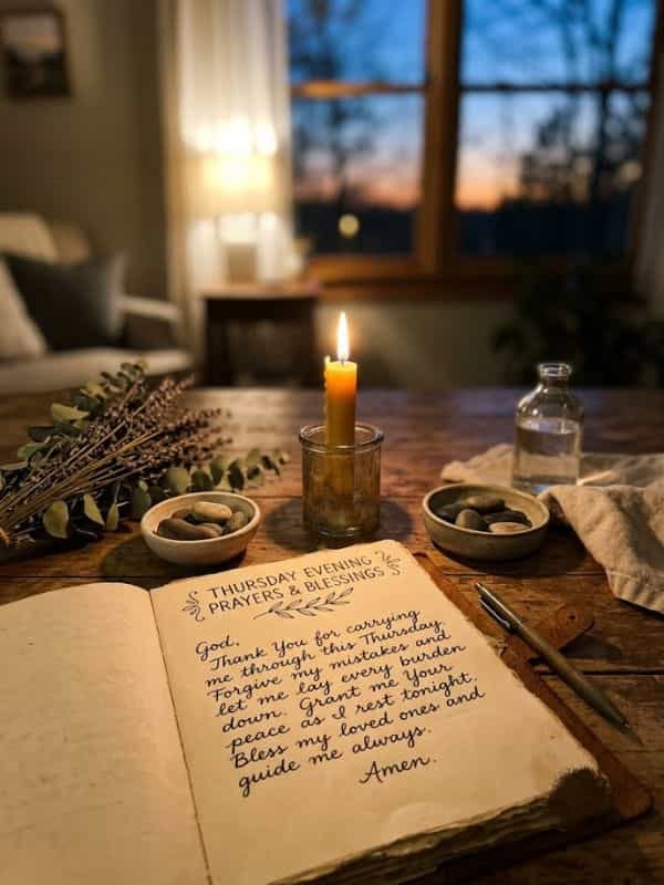 An open leather-bound journal displaying handwritten prayer text sits on a rustic wooden table beside a burning yellow candle, small bowls of smooth stones, dried lavender, and a pen, with a warm dusk sky visible through a window in the background.