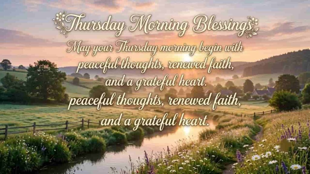 Thursday Morning Blessings image featuring a serene sunrise over a peaceful countryside landscape with wild daisies and a meandering river.