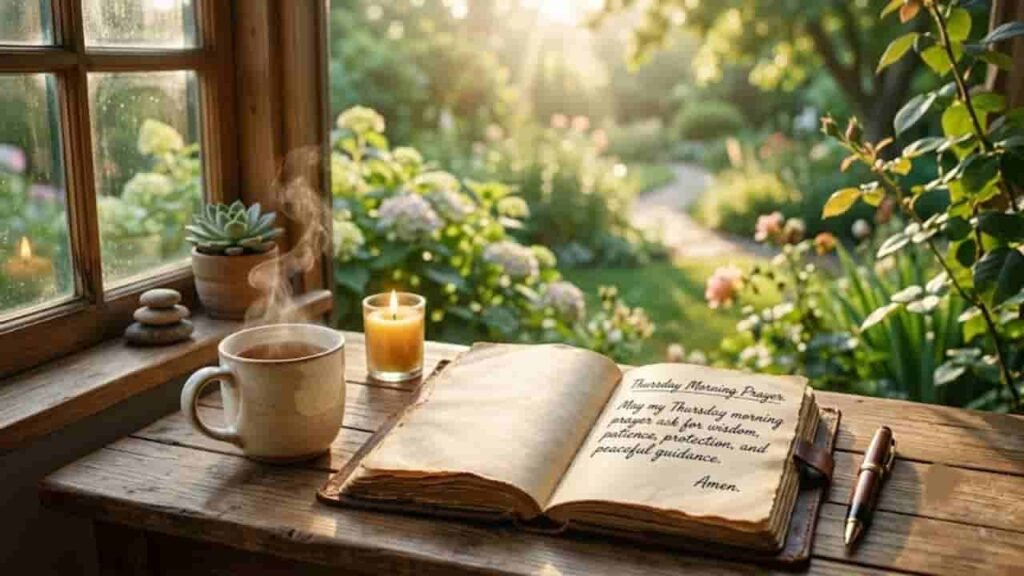 An open journal resting on a wooden table near a window overlooking a sunlit garden, displaying handwritten text for a Thursday morning prayer, alongside a steaming mug and a small candle.