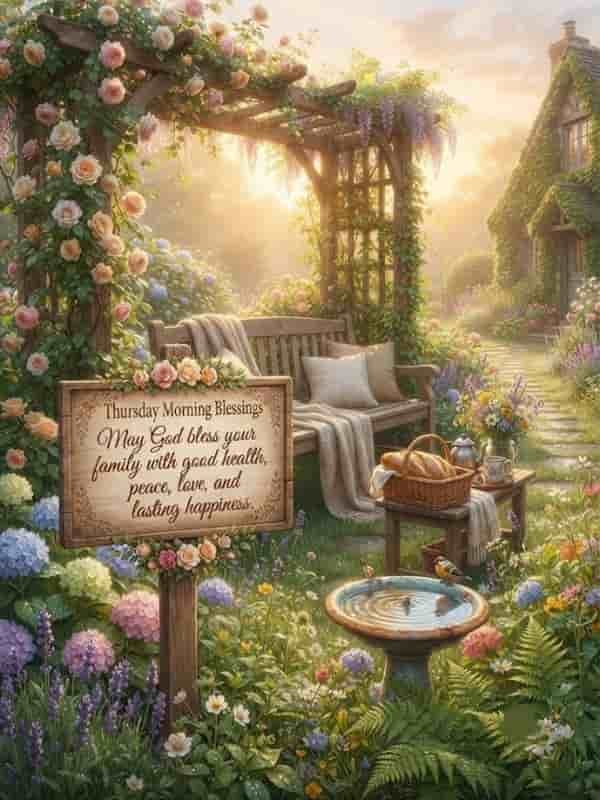 A peaceful garden scene with blooming flowers, a wooden bench, birdbath, and a wooden sign reading 'Thursday Morning Blessings - May God bless your family with good health, peace, love, and lasting happiness.