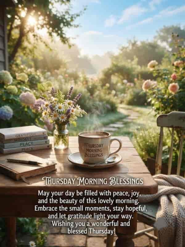 Thursday Morning Blessings image featuring a warm cup of coffee on a wooden table, a small vase of wildflowers, a stack of books reading gratitude and peace, and a serene garden background with morning sunlight.
