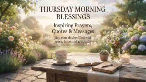 A peaceful outdoor garden setting at sunrise with a rustic wooden table featuring a steaming coffee cup, an open journal, wildflowers in a jar, and a lit candle, overlaid with the text "Thursday Morning Blessings: Inspiring Prayers, Quotes & Messages.