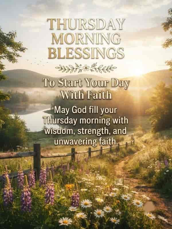 A serene sunrise over a misty mountain lake and a winding path through a wildflower meadow with blooming purple and white flowers, featuring the text 'THURSDAY MORNING BLESSINGS: To Start Your Day With Faith. May God fill your Thursday morning with wisdom, strength, and unwavering faith.